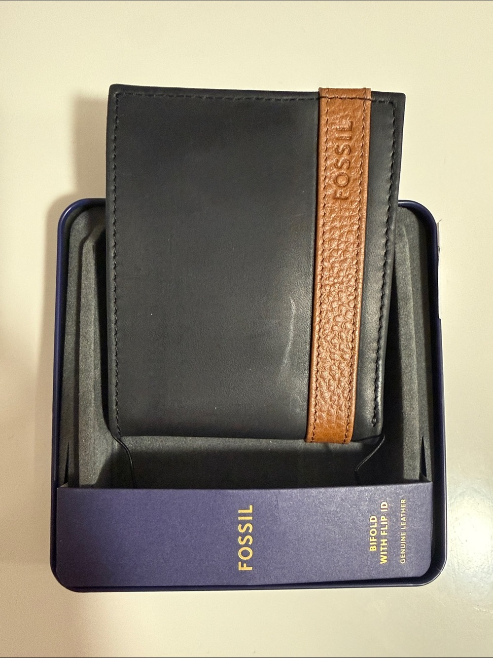 Fossil Black Wallet with Brown Leather Accent